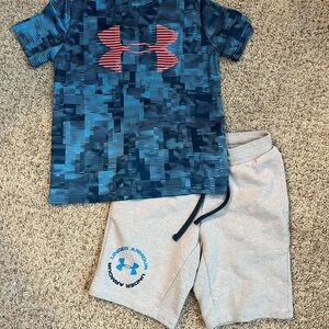 Under Armour Blue Camo Tee with Neon Orange Logo & Light Gray Shorts